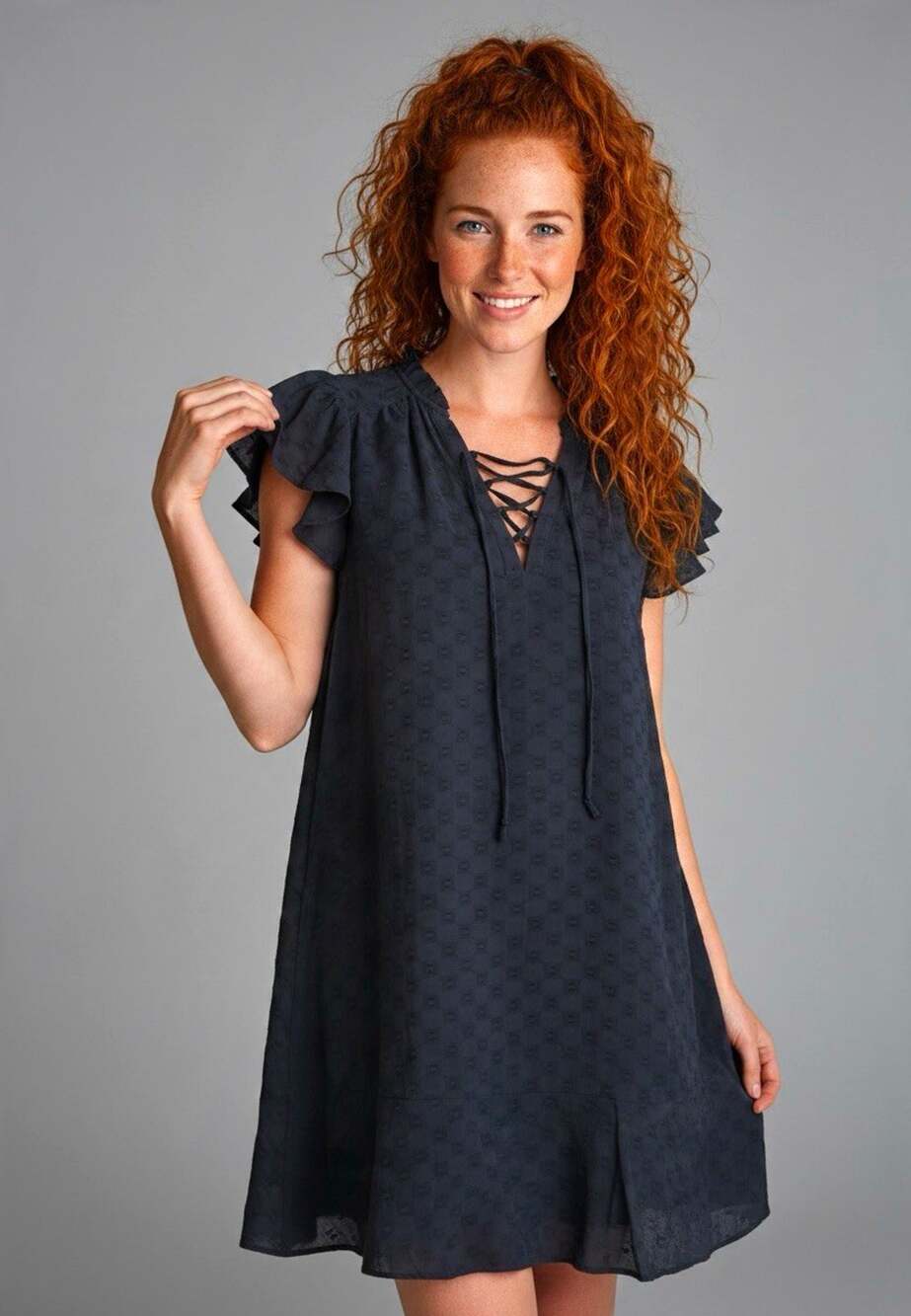 NWT LOFT Women's Black Eyelet Lace-Up V-Neck Ruffle Flutter Sleeve Dress Size XS